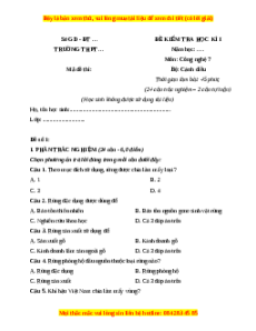 Đề thi cuối kì 1 Công nghệ 7 Cánh diều (Đề 1)