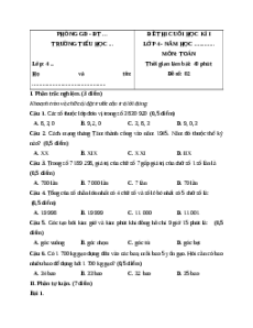 Đề thi cuối kì 1 Toán lớp 4 Chân trời sáng tạo - Đề 2