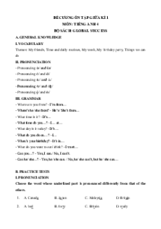 Đề cương ôn tập Giữa kì 1 Tiếng Anh 4 Global Success