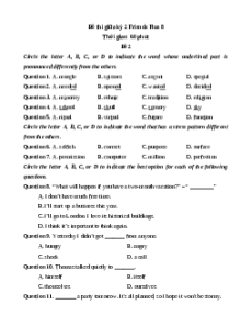 Đề thi giữa kì 2 Tiếng Anh 8 Friends Plus (Đề 2)