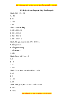 Trắc nghiệm Phép trừ số nguyên. Quy tắc dấu ngoặc Toán 6 Cánh diều