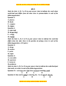 Đề thi giữa kì 1 Tiếng Anh 9 - Đề 15