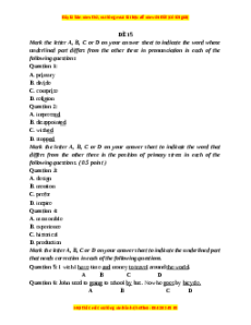 Đề thi giữa kì 1 Tiếng Anh 9 - Đề 15