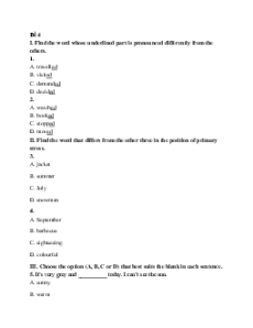 Đề thi giữa kì 2 Tiếng Anh 6 Right on (Đề 4 có file nghe)