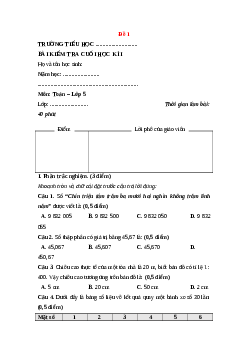 Đề thi Cuối kì 1 Toán lớp 5 Chân trời sáng tạo (Đề 1)