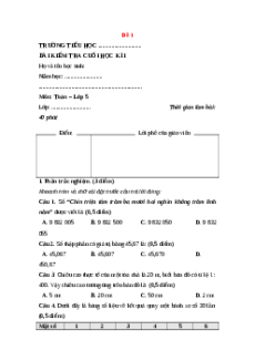 Đề thi Cuối kì 1 Toán lớp 5 Chân trời sáng tạo (Đề 1)