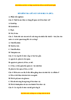 Đề thi giữa kì 1 Sinh học 10 Chân trời sáng tạo (đề 1)