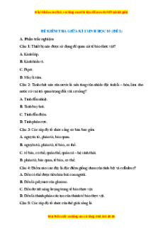 Đề thi giữa kì 1 Sinh học 10 Chân trời sáng tạo (đề 1)