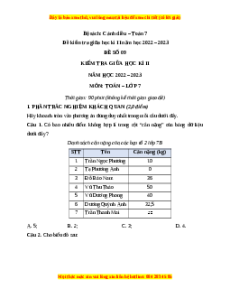 Đề thi giữa kì 2 Toán 7 Cánh diều có đáp án (Đề 9)