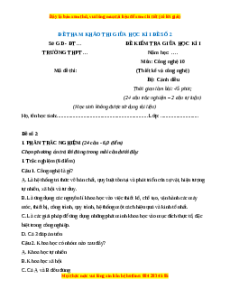 Đề thi Công nghệ 10 giữa kì 1 Cánh diều (Công nghệ thiết kế) - Đề 2