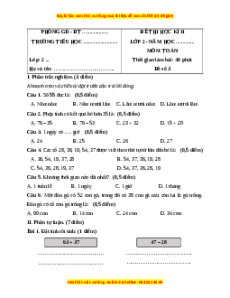 Đề thi cuối kì 1 Toán lớp 2 Chân trời sáng tạo (Đề 3)