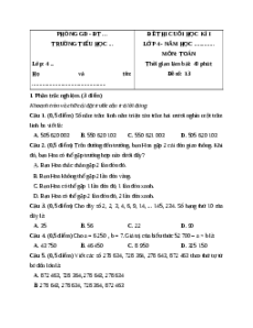 Đề thi cuối kì 1 Toán lớp 4 Chân trời sáng tạo - Đề 13
