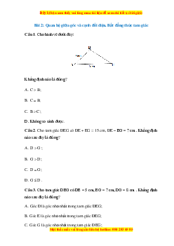Trắc nghiệm Quan hệ giữa góc và cạnh đối diện. Bất đẳng thức tam giác Toán 7 Cánh diều