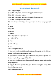 Trắc nghiệm Thành phần của nguyên tử Hóa học 10 Chân trời sáng tạo