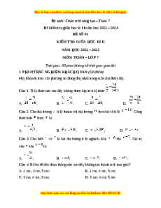 Đề thi giữa học kì 2 Toán 7 Chân trời sáng tạo có đáp án (Đề 1)