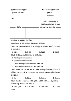 Đề thi giữa kì 1 Toán lớp 5 Cánh diều (Đề 9)