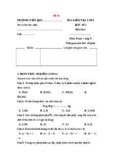 Đề thi Cuối kì 1 Toán lớp 5 Kết nối tri thức (Đề 10)