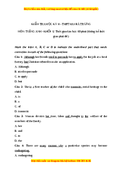 Đề thi cuối kì 2 Tiếng Anh lớp 12 trường THPT Hai Bà Trưng năm 2023