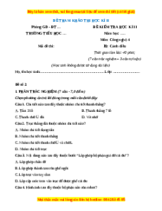 Đề thi cuối kì 2 Công nghệ lớp 4 Cánh diều (Đề 3)