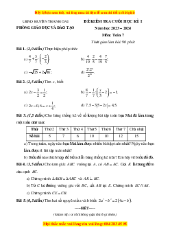 Bộ 12 đề thi cuối kì 1 Toán 7 Hà Nội có đáp án