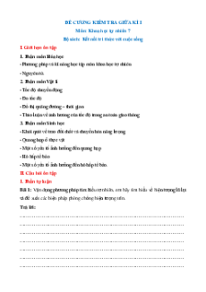 Đề cương Giữa kì 1 KHTN 7 Kết nối tri thức có đáp án