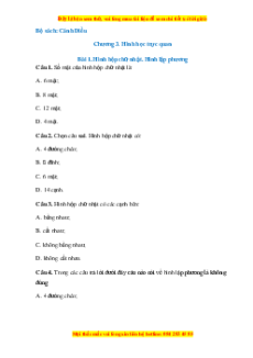 Trắc nghiệm Hình hộp chữ nhật. Hình lập phương Toán 7 Cánh diều