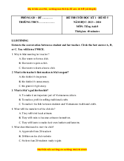 Đề thi cuối kì 1 Tiếng Anh 8 Global success (Đề 5 kèm file nghe)