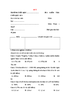 Đề thi cuối kì 1 Toán lớp 5 Cánh diều (Đề 5)