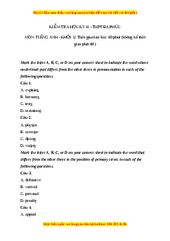 Đề thi cuối kì 2 Tiếng Anh lớp 12 trường THPT Đa Phúc năm 2023