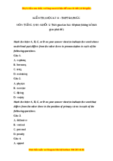 Đề thi cuối kì 2 Tiếng Anh lớp 12 trường THPT Đa Phúc năm 2023