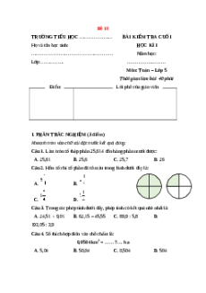Đề thi cuối kì 1 Toán lớp 5 Cánh diều (Đề 10)