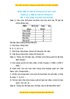 Trắc nghiệm Thu thập và phân loại dữ liệu Toán 7 Chân trời sáng tạo