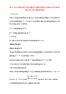 Trắc nghiệm Vị trí tương đối và góc giữa hai đường thẳng. Khoảng cách từ một điểm đến một đường thẳng Toán 10 Cánh diều