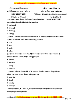 Đề thi giữa kì 2 Tiếng Anh 12 trường THPT Núi Thành năm 2023