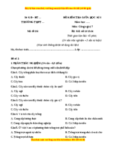Đề thi giữa kì 1 Công nghệ 7 Kết nối tri thức (Đề 2)