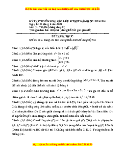 Đề thi vào 10 Toán Tỉnh Tây Ninh năm 2023-2024
