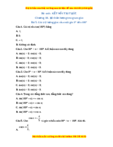 Trắc nghiệm Giá trị lượng giác của một góc từ 0° đến 180° Toán 10 Kết nối tri thức