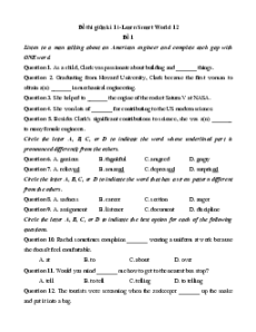 Đề thi giữa kì 1 Tiếng Anh 12 Ilearn Smart world (Đề 1 có file nghe)