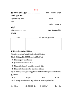 Đề thi Cuối kì 1 Toán lớp 5 Chân trời sáng tạo (Đề 2)