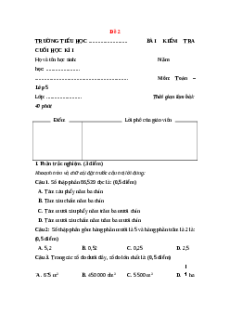 Đề thi Cuối kì 1 Toán lớp 5 Chân trời sáng tạo (Đề 2)