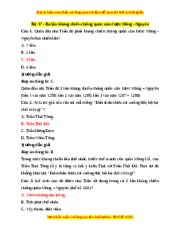 Trắc nghiệm Lịch sử 7 Bài 17 Chân trời sáng tạo: Ba lần kháng chiến chống quân xâm lược Mông - Nguyên