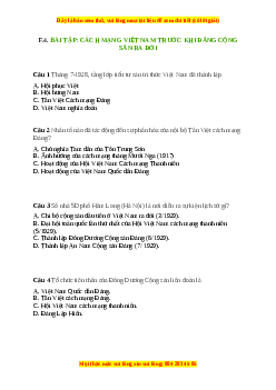 Trắc nghiệm Bài 17 Lịch sử 9: Cách mạng Việt Nam trước khi Đảng Cộng sản ra đời