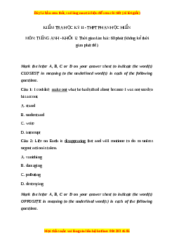 Đề thi cuối kì 2 Tiếng Anh lớp 12 trường THPT Phan Ngọc Hiển năm 2023