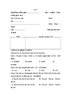 Đề thi Cuối kì 1 Toán lớp 5 Kết nối tri thức (Đề 4)