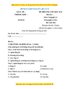 Đề thi Công nghệ 11 giữa kì 2 Cánh diều (Công nghệ cơ khí) - Đề 2