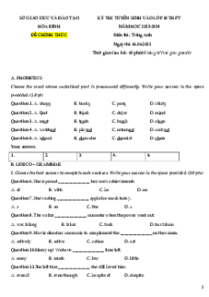 Đề thi vào 10 Tiếng Anh Tỉnh Hòa Bình năm 2023-2024