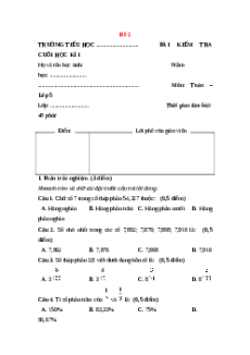 Đề thi cuối kì 1 Toán lớp 5 Cánh diều (Đề 2)
