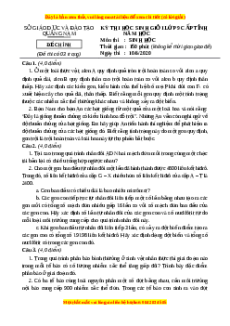 Đề thi hsg Sinh học 9 Tỉnh Quảng Nam năm 2020 có đáp án