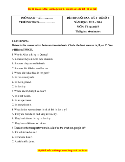 Đề thi cuối kì 1 Tiếng Anh 8 Global success (Đề 4 kèm file nghe)