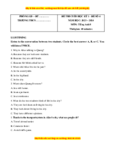 Đề thi cuối kì 1 Tiếng Anh 8 Global success (Đề 4 kèm file nghe)